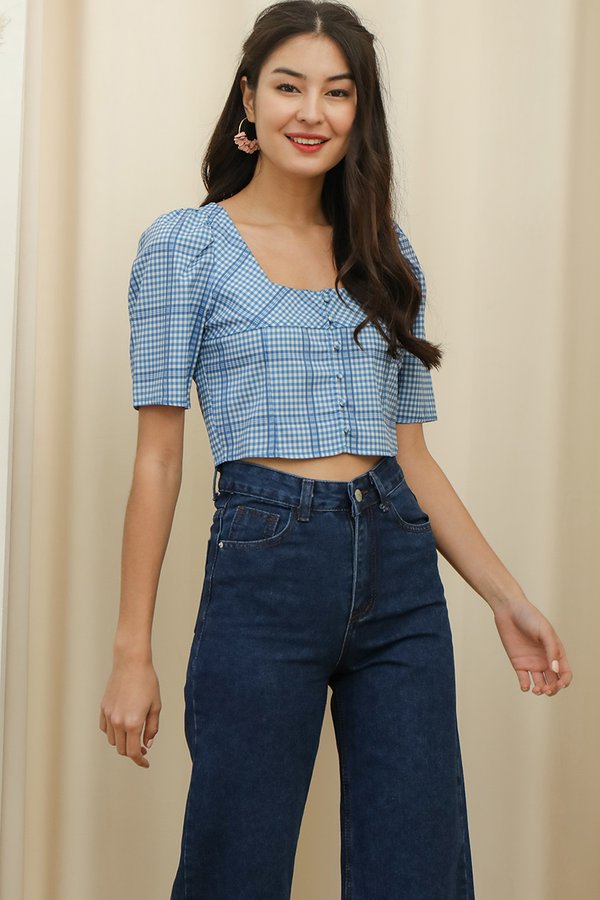Out of the Blue Checked Button Crop Top