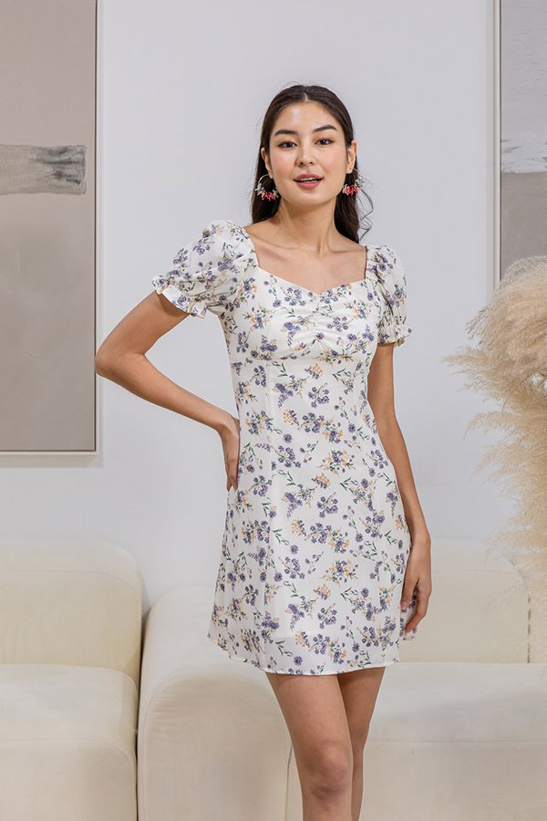 Promising Pastures Floral Ruched Milkmaid Dress Lavender