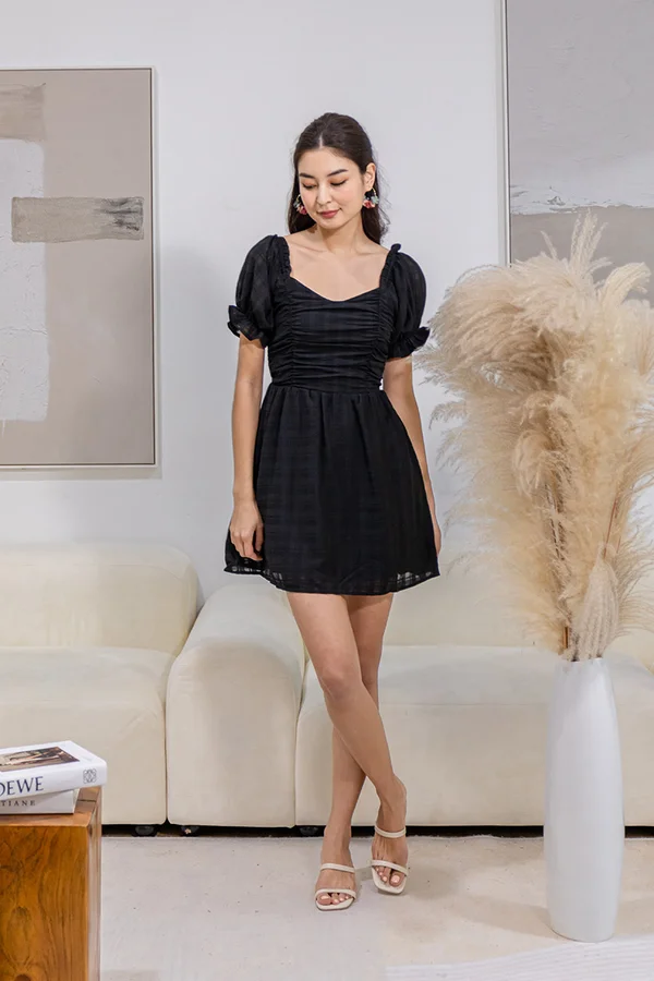 Channelling Audrey Tonal Plaid Babydoll Shirred Dress Black