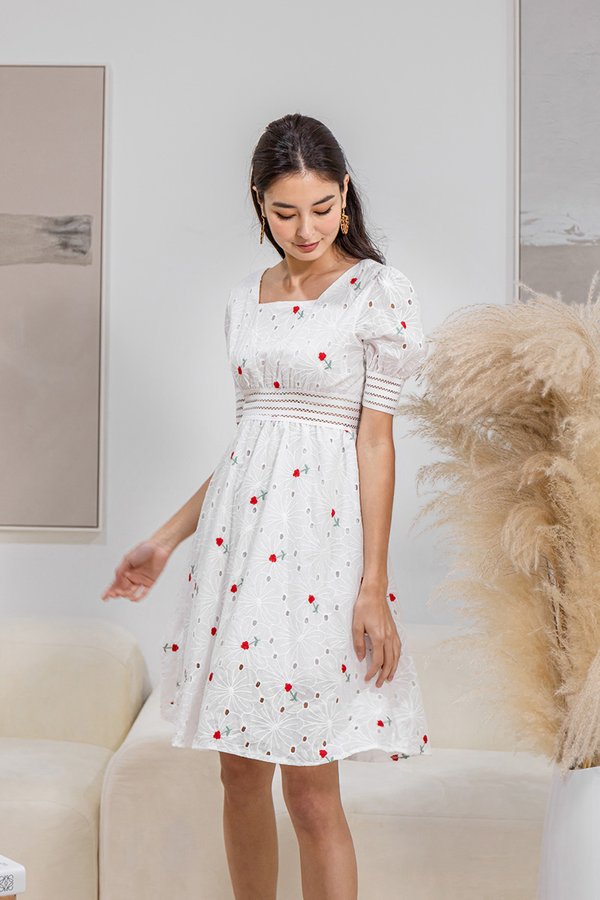 Merriment Meadows Embroidery Midi Dress Red