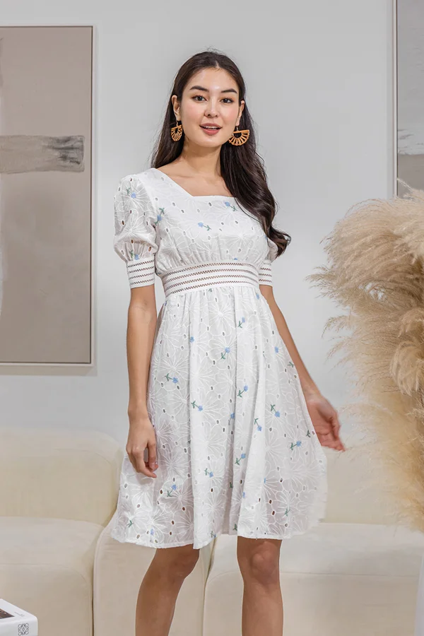 Merriment Meadows Embroidery Midi Dress Blue