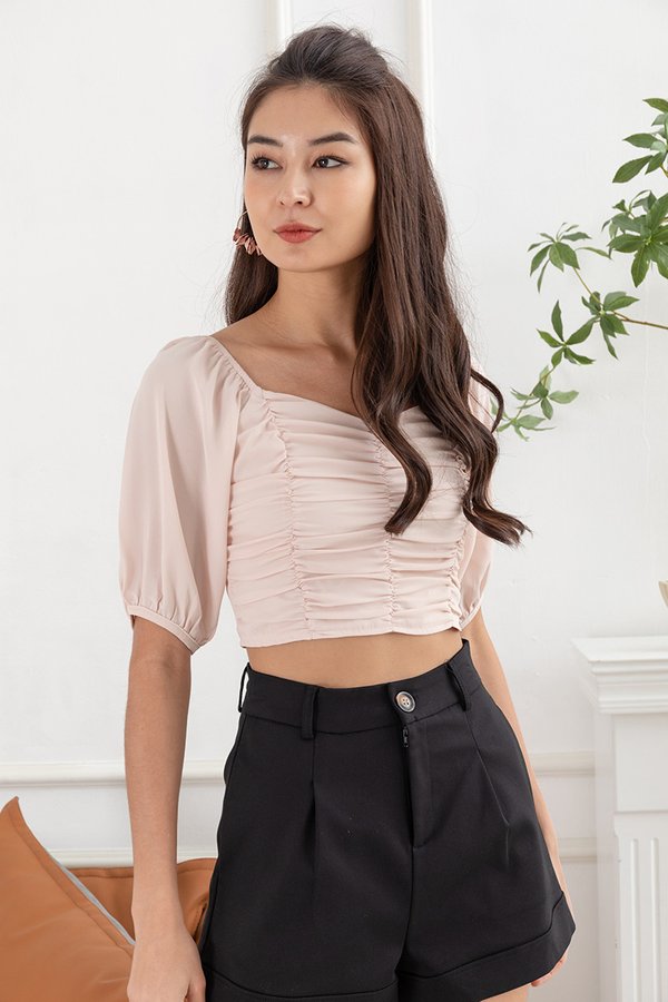 Delicacy of Drapes Ruched Blouson Top Nude