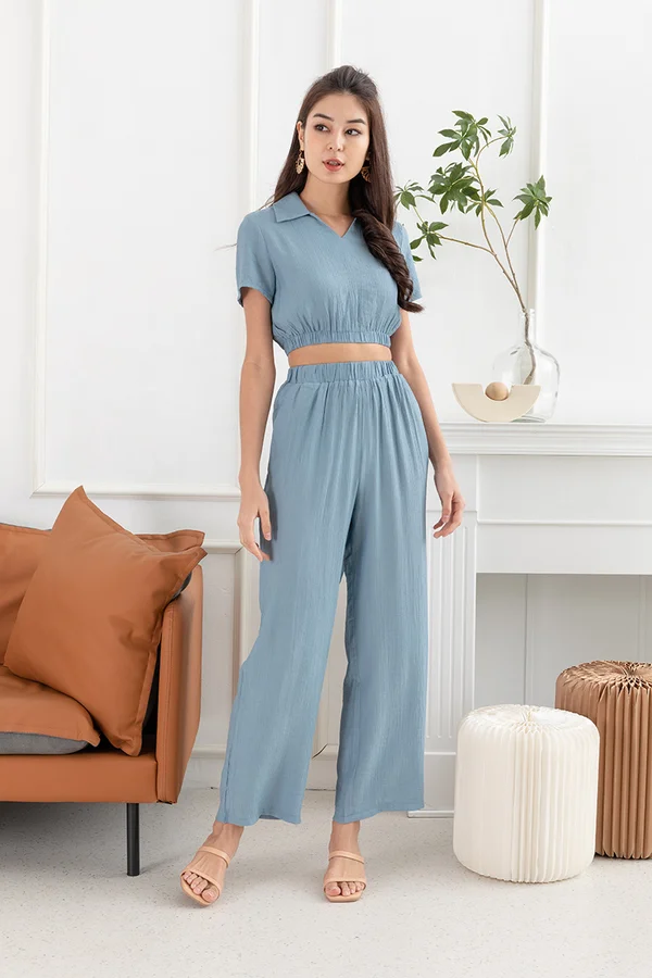 Lounging's the Limit Two Piece Pant Set Blue