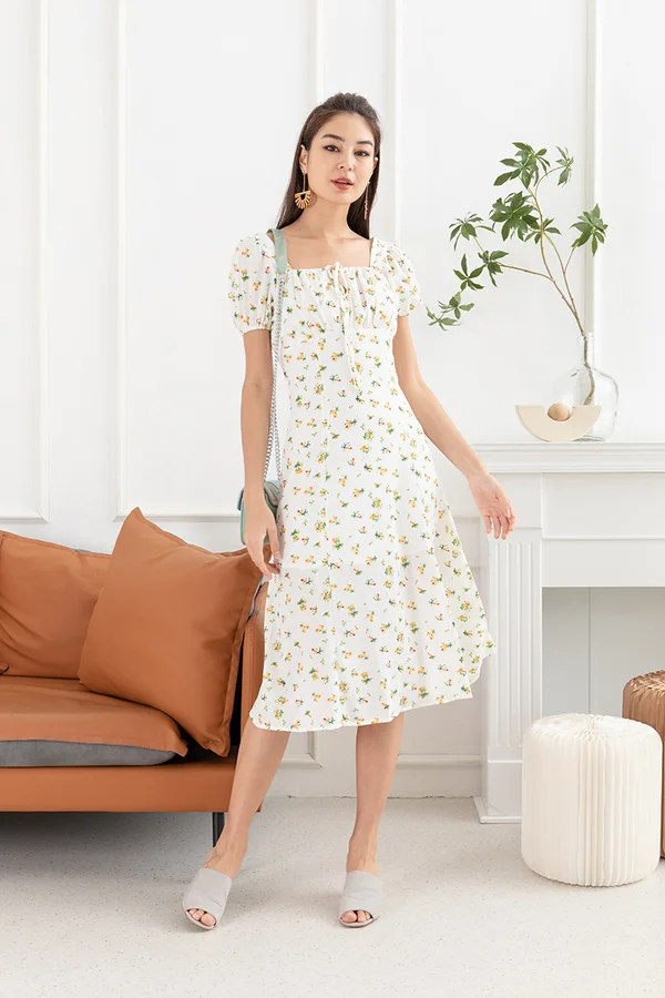 Fabled Floral Tales Ruched Slit Midi Dress