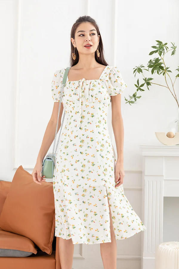 Fabled Floral Tales Ruched Slit Midi Dress