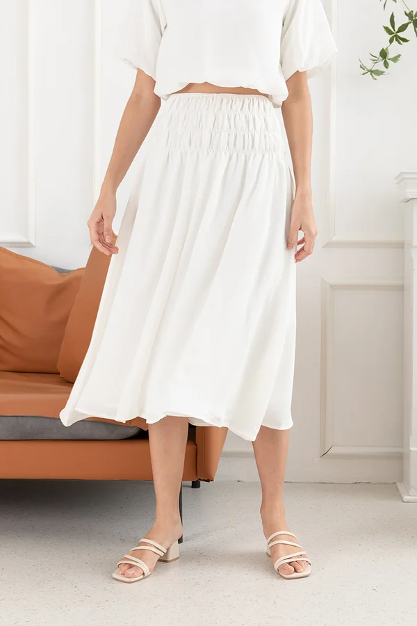 Something Smocked Swing Midi Skirt White