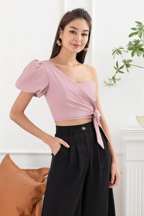 One Sided Perfection Tie Waist Toga Top Pink