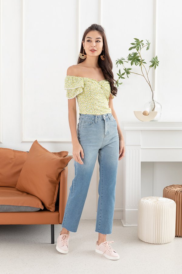 A Twist of Floral Ruch Knot Top Yellow
