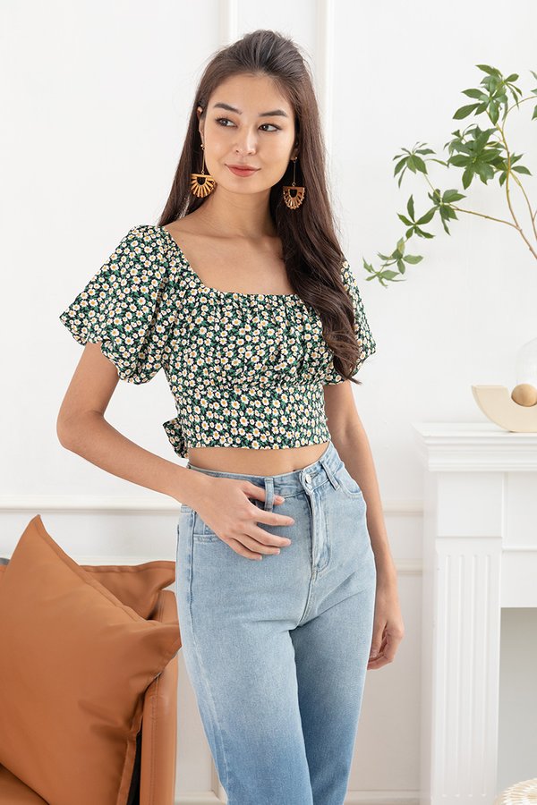 Sunflowers Shirred Soiree Tie Back Crop Top Black