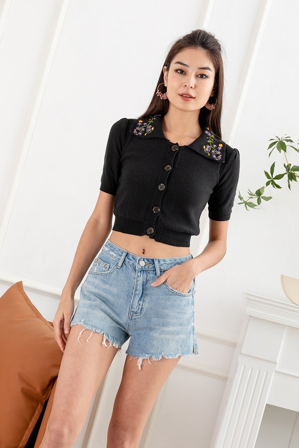 Bouquet Embroidered Accents Button Knit Top Black