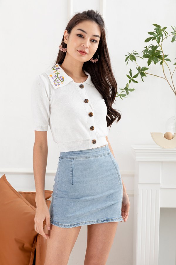 Bouquet Embroidered Accents Button Knit Top White