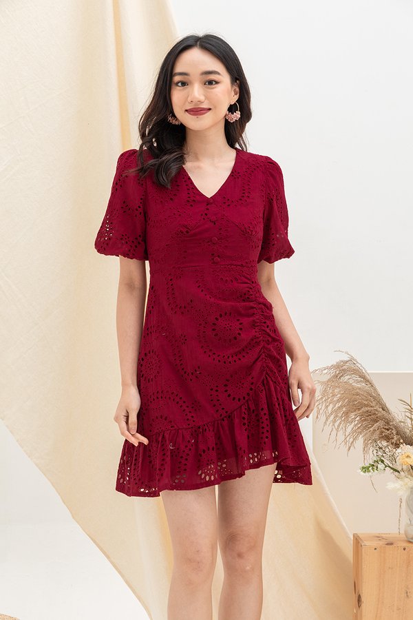 Exuding Holiday Happiness Eyelet Dress Red