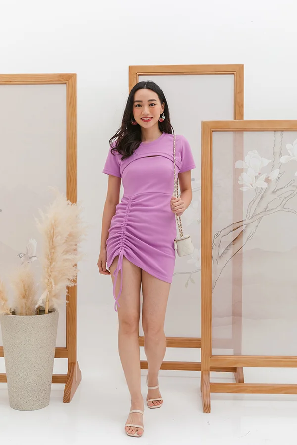 Ruching Rhythm Drawstring Cape Set Dress Lilac