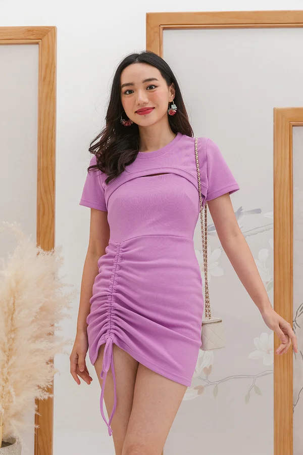Ruching Rhythm Drawstring Cape Set Dress Lilac
