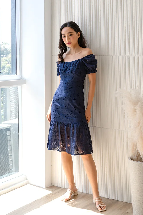 Sunshine and Whimsy Shirs Eyelet Midi Dress Navy Blue