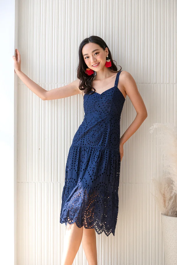 Garden Fit Tiered Broderie Midi Dress Navy Blue