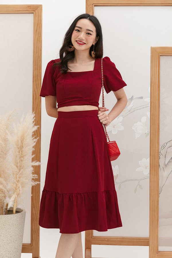 Aflutter After Hours Ruffled Midi Skirt Burgundy Red