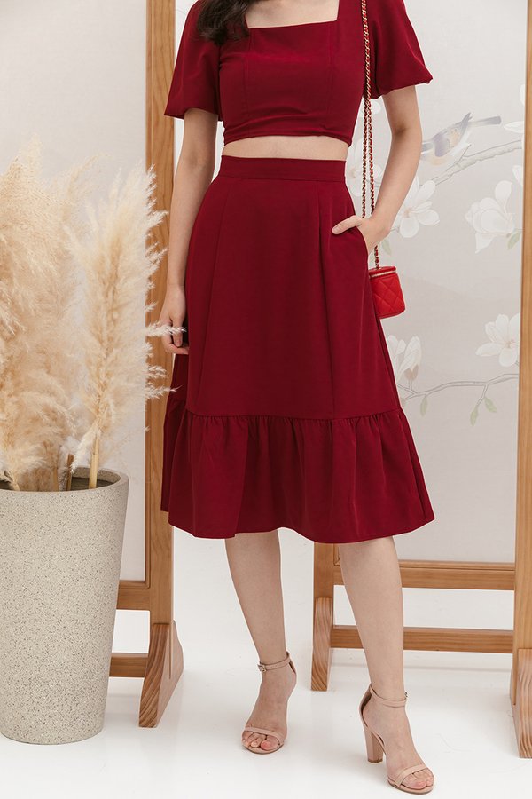 Aflutter After Hours Ruffled Midi Skirt Burgundy Red