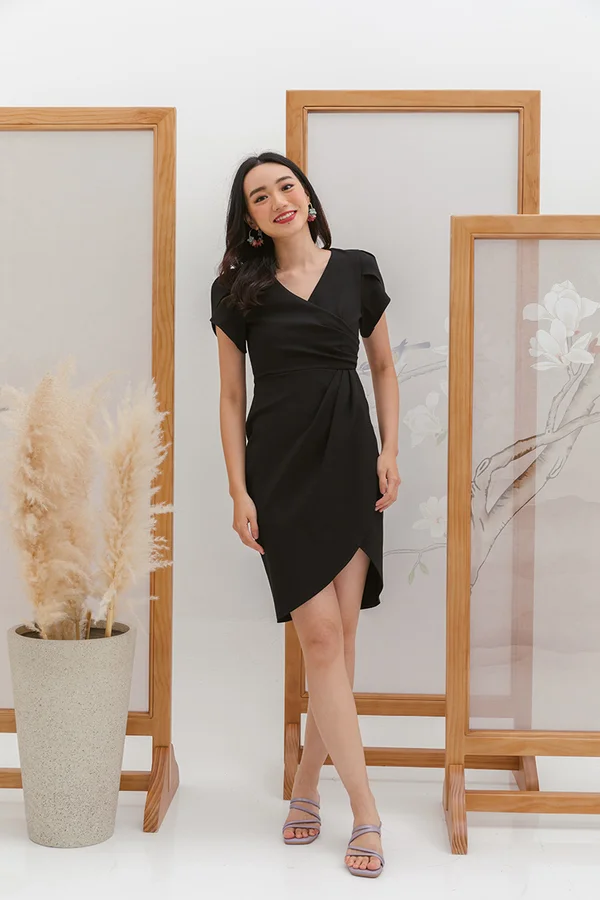 Tulip Gathers Wrap Work Dress Black