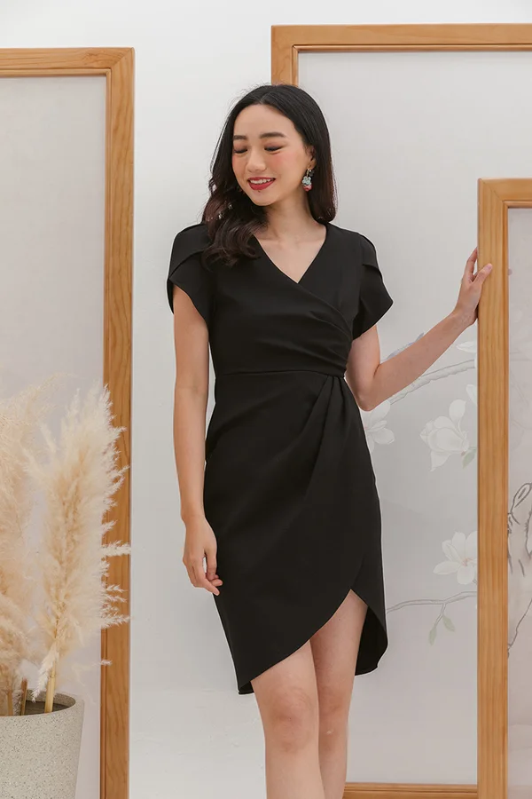 Tulip Gathers Wrap Work Dress Black