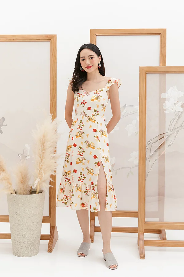 Fruitfully Fluttered Slit Midi Dress