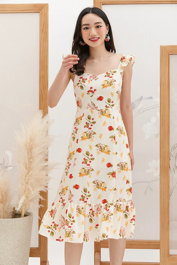 Fruitfully Fluttered Slit Midi Dress