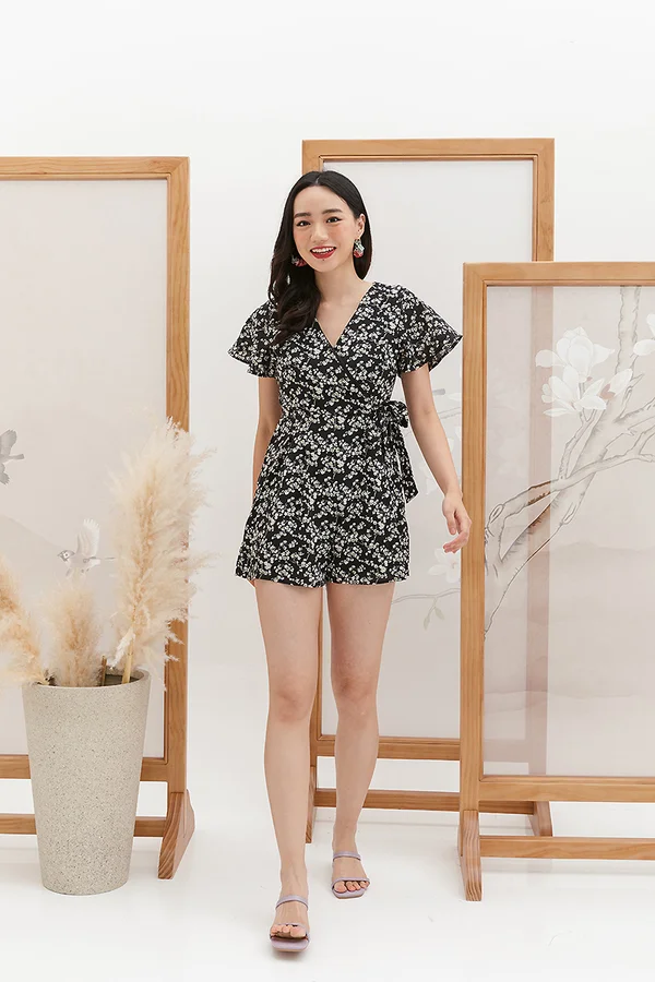 Fleursome Forays Kimono Wrap Romper Black