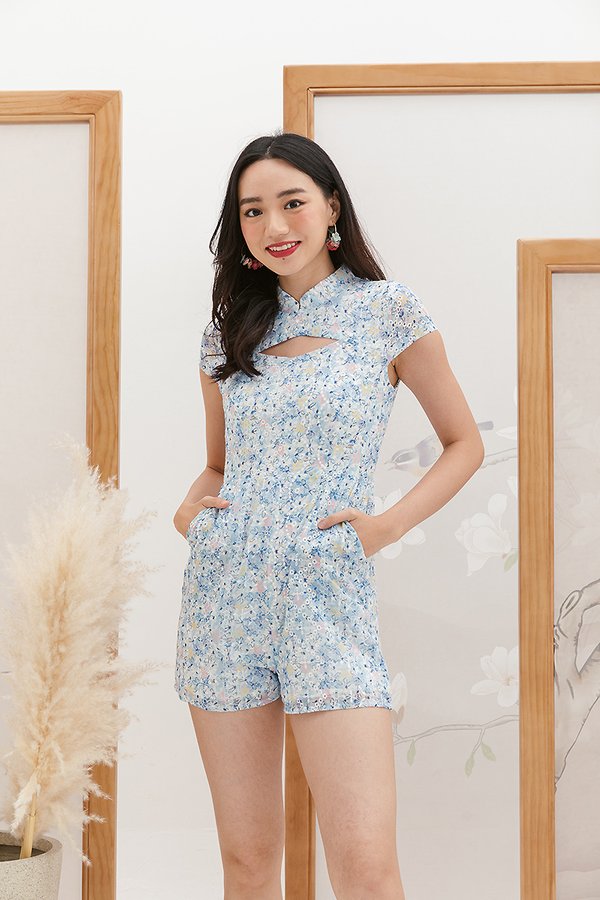 Gentle Forays Floral Embroidery Romper Blue