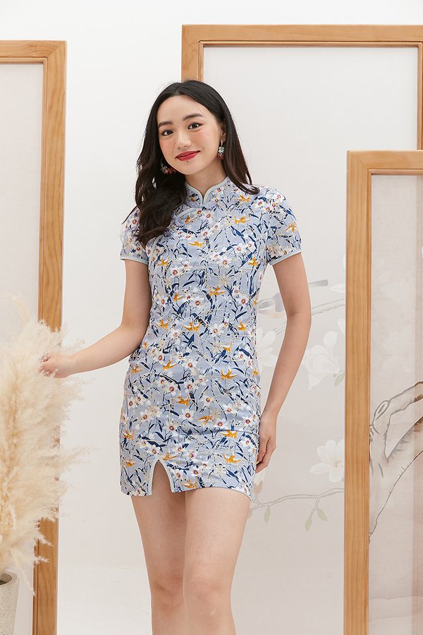 Bountiful Blooms Beauty Embroidery Qipao Dress Blue