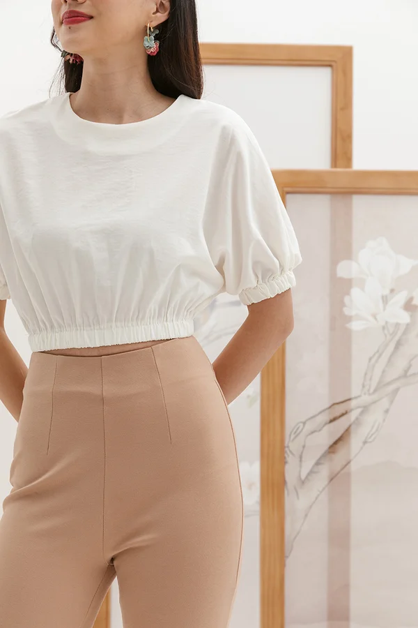 Boxy Elastic Ruched Crop Top White