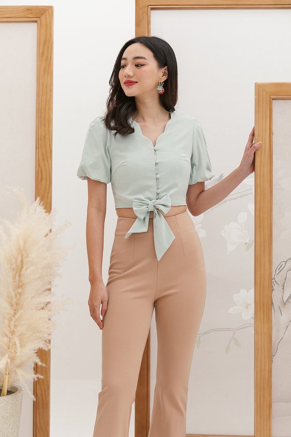 Scallop Whispers Tie Crop Top Sage Green
