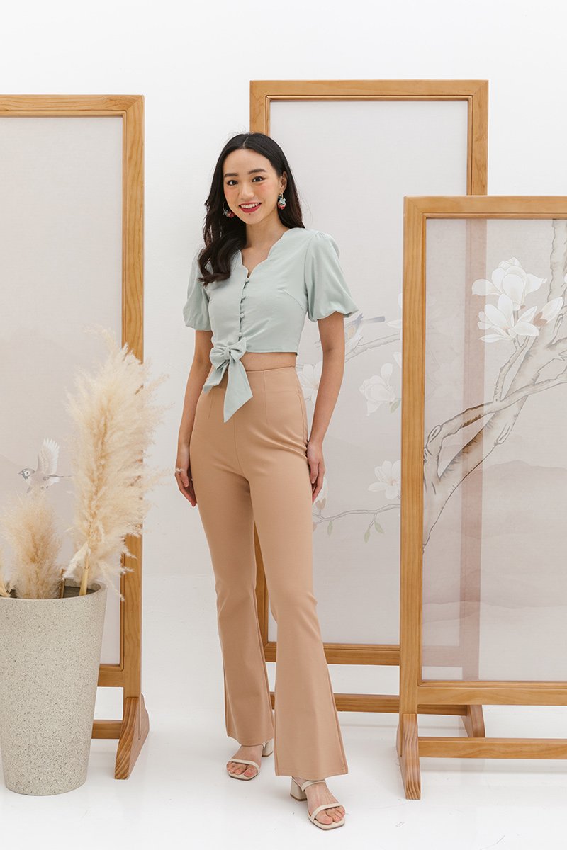 FINAL SALE KHAKI 316P-Tall Low Rise Lace Up Flare Pant by MOBB 