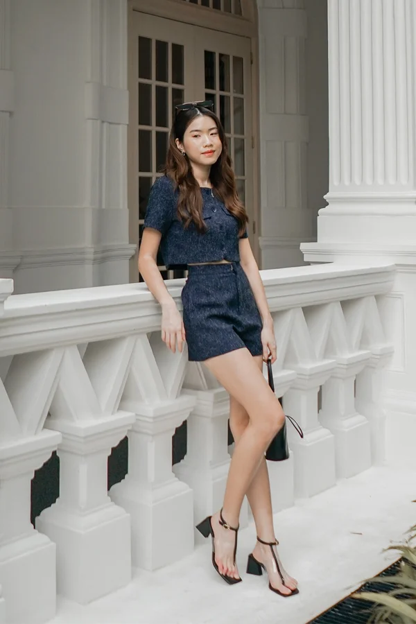 Tweed Tidings Button Suit Blouse Navy Blue