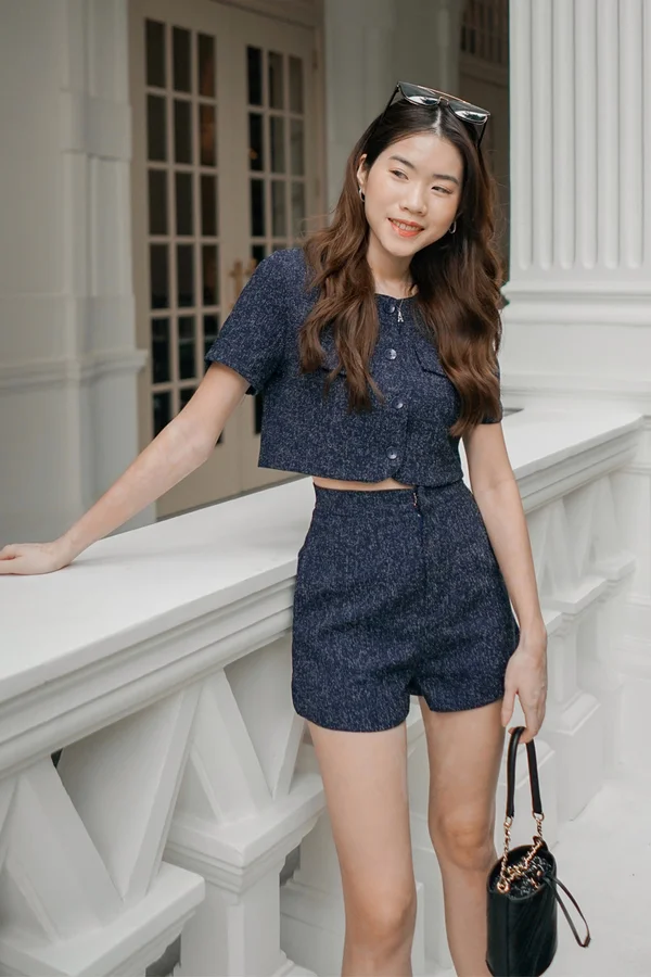 Tweed Tidings Button Suit Blouse Navy Blue
