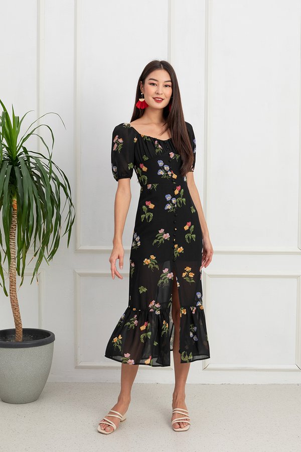 Melody of Flowers Button Slit Maxi Dress