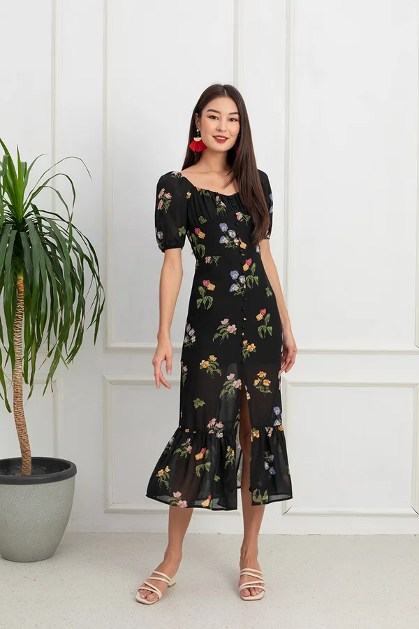 Melody of Flowers Button Slit Maxi Dress
