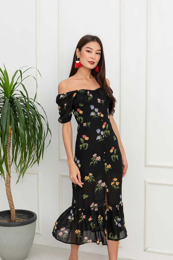 Melody of Flowers Button Slit Maxi Dress