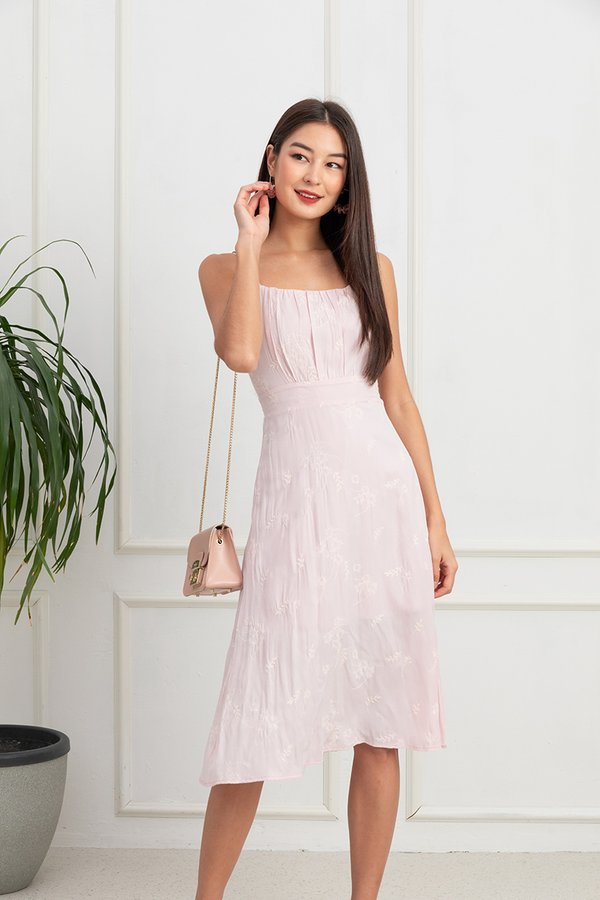 Softly Shirred Sentiments Embroidery Midi Dress Pink