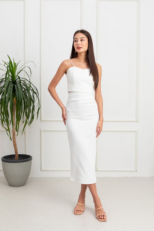 Envisioned Aesthetic Ruched Slit Midi Skirt White