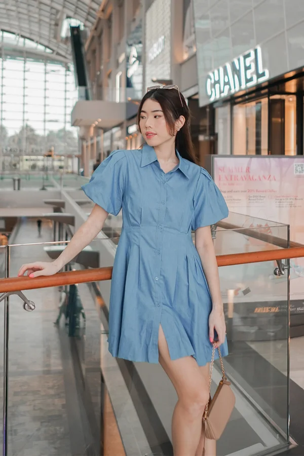 Bubbly Persona Pintucks Button Shirt Dress Denim