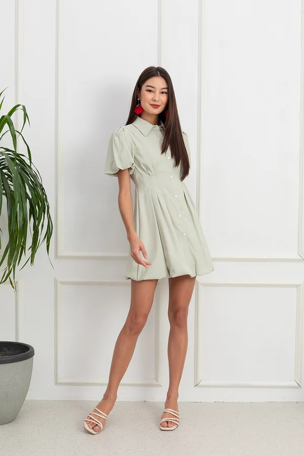 Bubbly Persona Pintucks Button Shirt Dress Mist Green