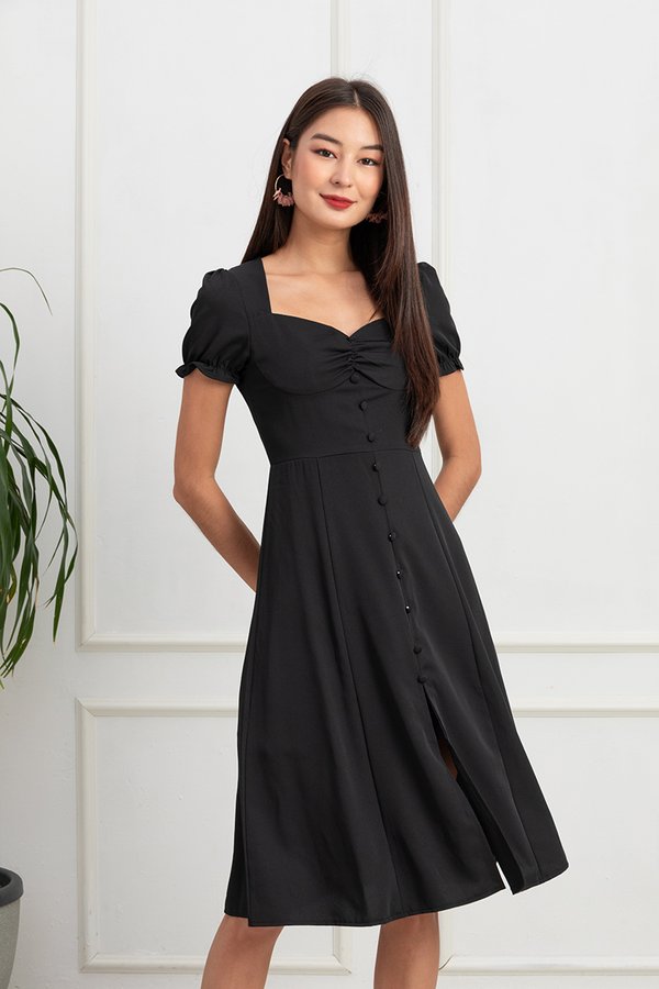 Damsel in Finesse Button Midi Dress Black