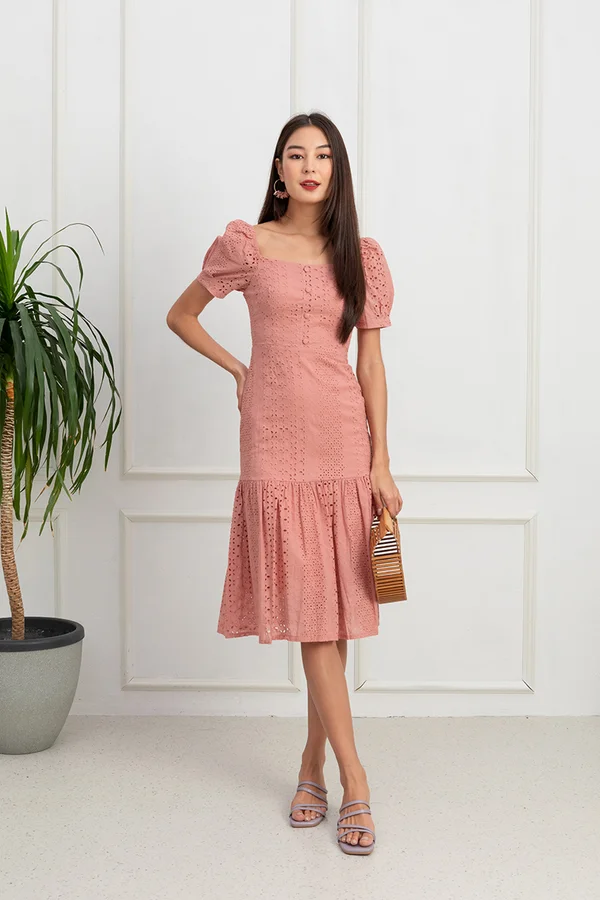 Wholesomely Homespun Eyelet Pleats Midi Dress Pink