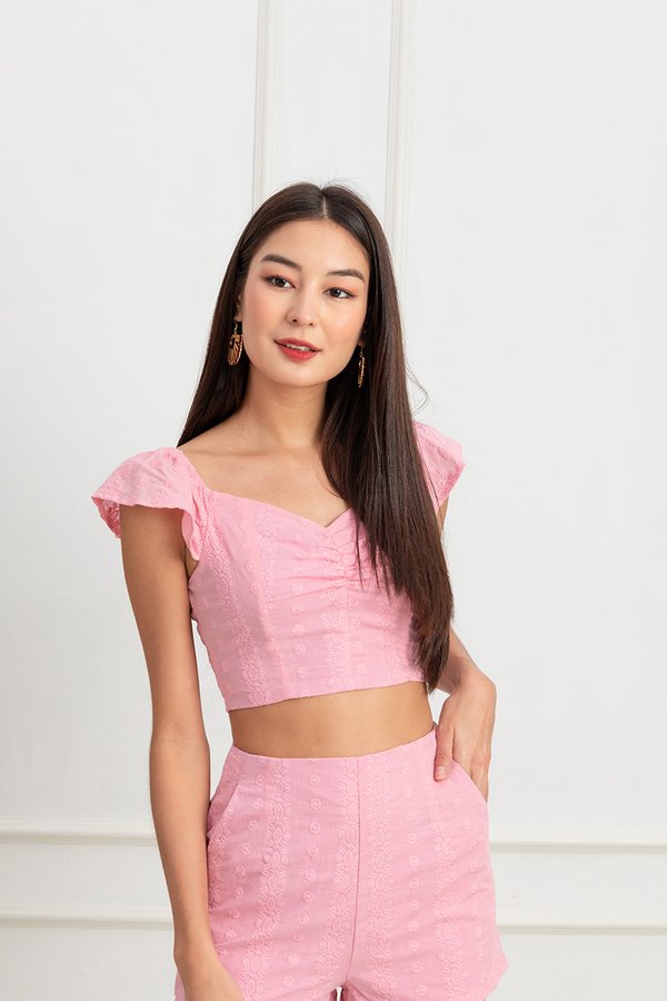 Broderie Whispers Tonal Ruched Crop Top Pink