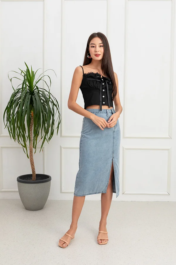 Sultry Scenario Ruffle Bustier Lace Trim Button Top Black