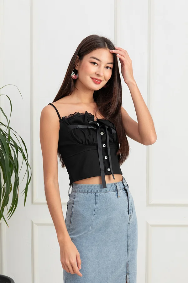 Sultry Scenario Ruffle Bustier Lace Trim Button Top Black