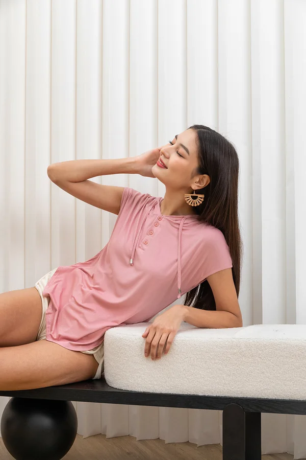 Lounge On The Go Henley Hoodie Tee Pink