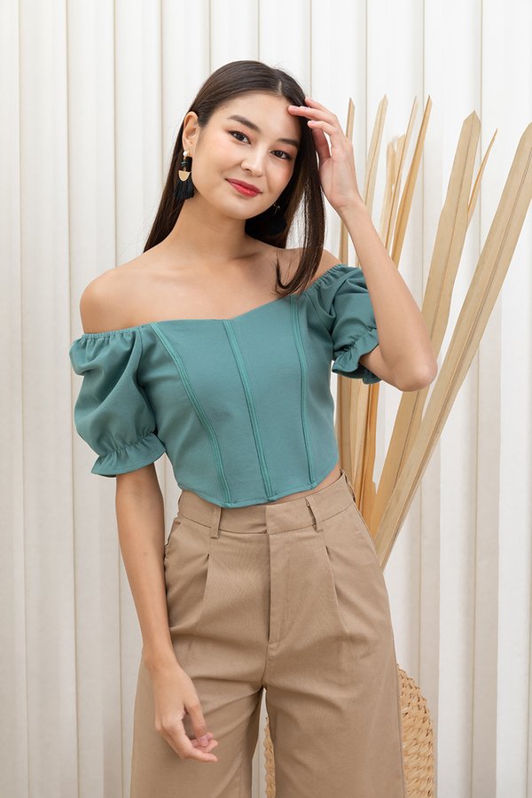 Curved Angles Puff Sleeve Crop Top Green
