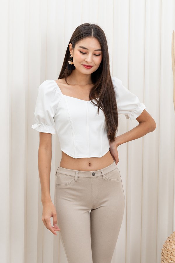 Curved Angles Puff Sleeve Crop Top White
