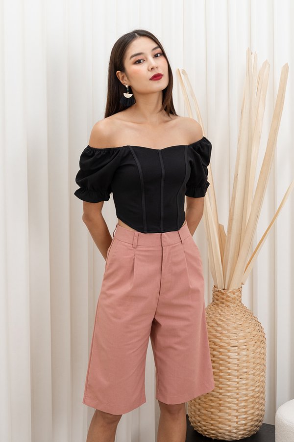 Curved Angles Puff Sleeve Crop Top Black